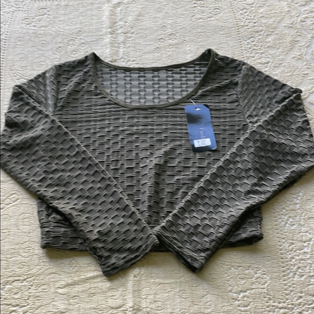 Ash Gray Fitted Crop Honeycomb Blouse